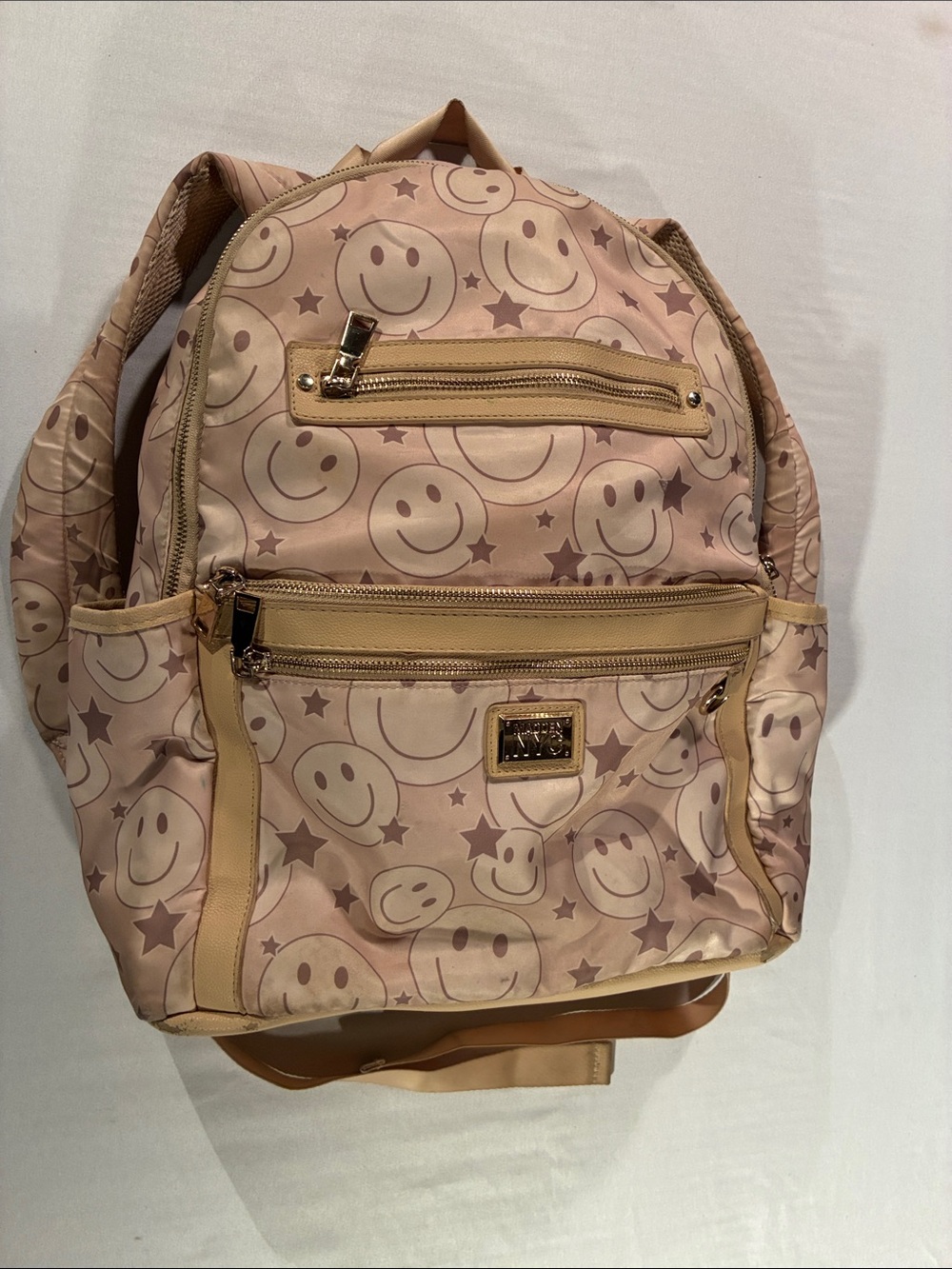 Pink Smiley-Print Backpack with Tan Trim